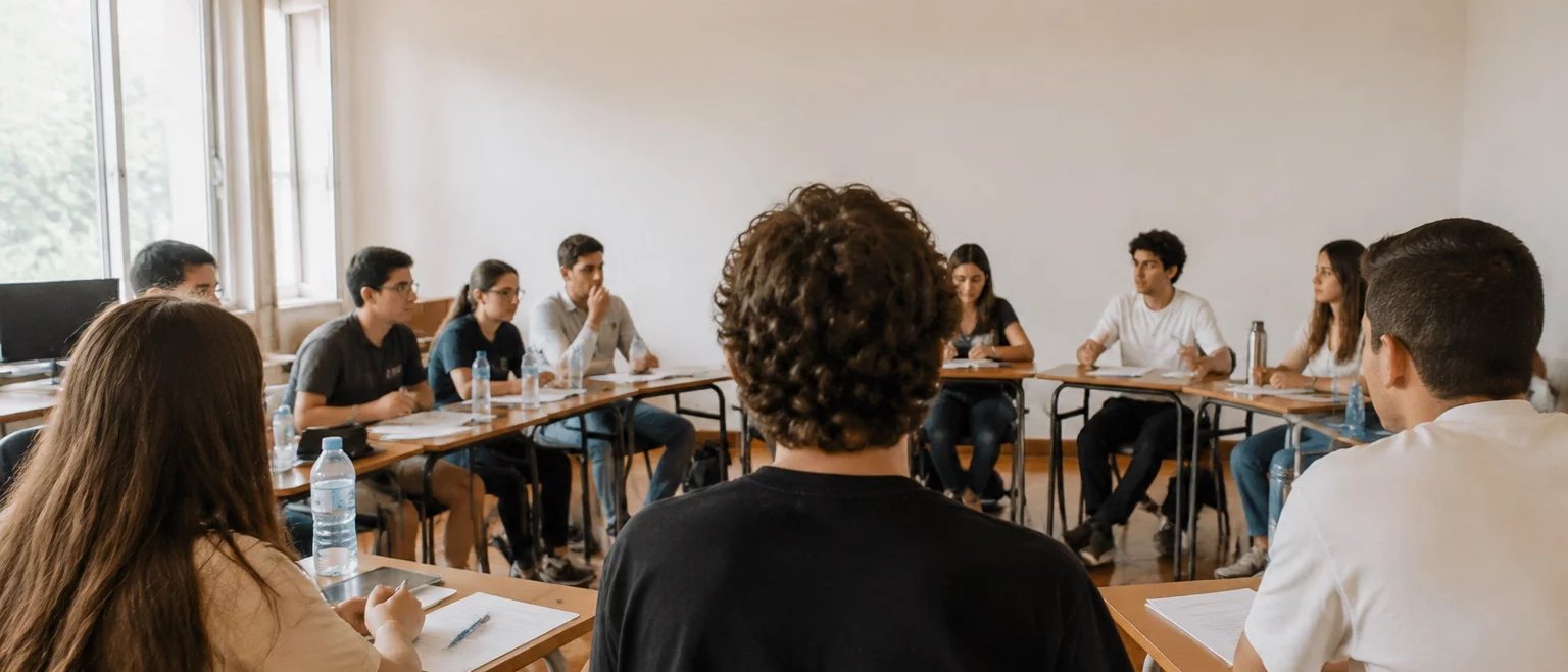 Participante com a mão levantada diante de uma mesa coberta de rascunhos