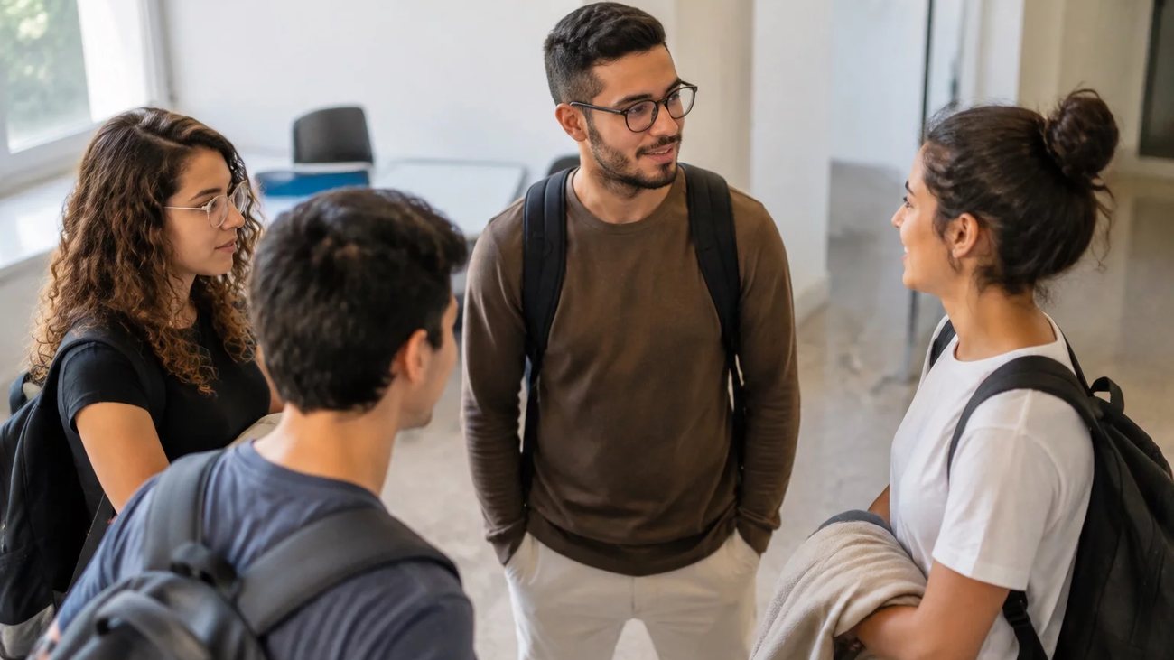 Grupo pequeno lendo argumentos impressos em volta de uma mesa